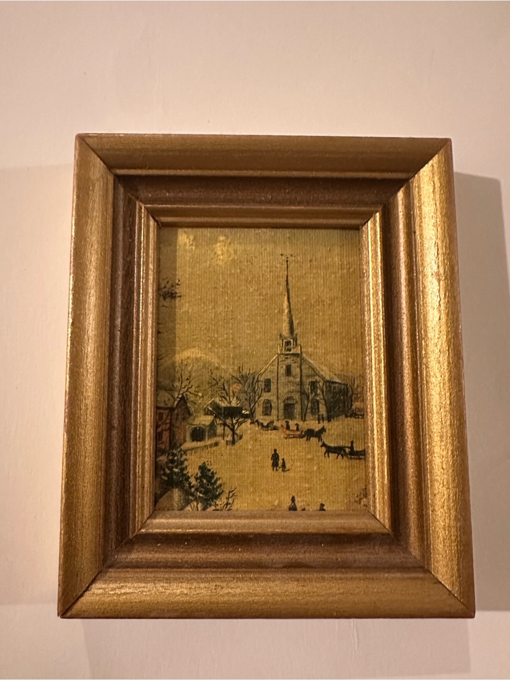 Vintage Gold Framed Winter Church Scene- gallery wall art